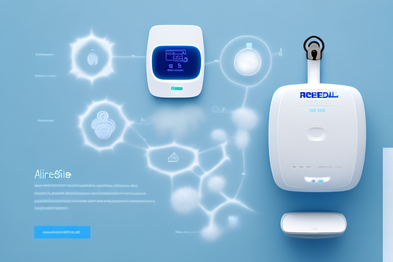 the ResMed AirSense 10 device with its key features like the humidifier, pressure relief technology, and smart start function highlighted and visually emphasized, hand-drawn abstract illustration for a company blog, in style of corporate memphis, faded colors, white background, professional, minimalist, clean lines
