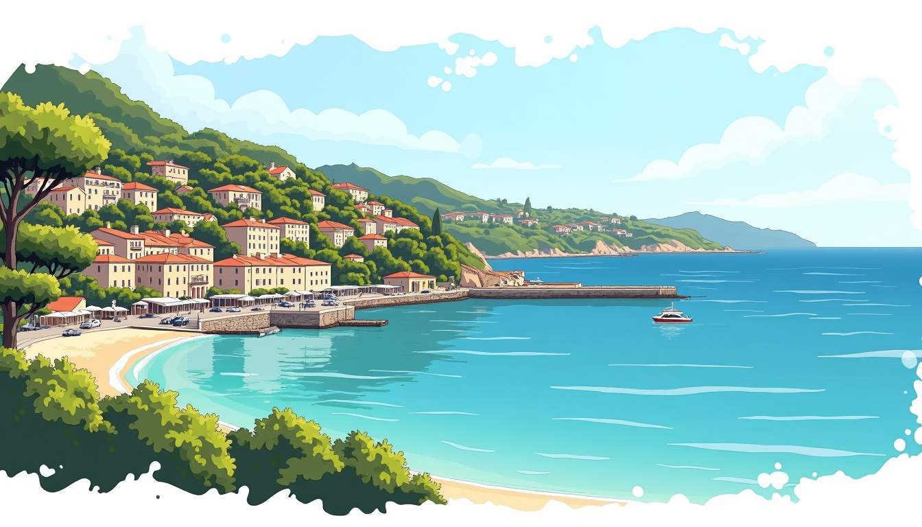 the picturesque coastline of Beaulieu-sur-Mer, featuring its charming harbor, lush Mediterranean vegetation, and elegant villas, all set against the backdrop of the sparkling azure sea and a clear blue sky, hand-drawn abstract illustration for a company blog, white background, professional, minimalist, clean lines, faded colors