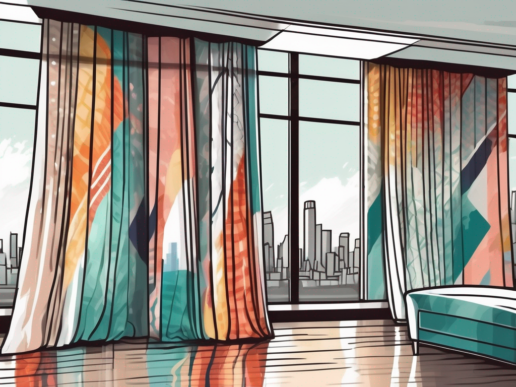 an array of colorful and patterned curtains hanging in a stylish store interior, with the Houston skyline visible through a large window in the background, hand-drawn abstract illustration for a company blog, white background, professional, minimalist, clean lines, faded colors