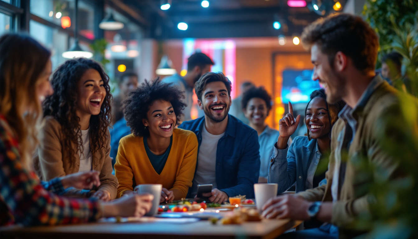 a photograph of a diverse group of people engaging enthusiastically with a creative marketing campaign, showcasing elements like vibrant visuals, interactive displays, or social media interactions that evoke a sense of excitement and community, photographic, realistic, for a startup's blog, low saturation, life-like realistic soft lighting 4k sigma 50mm f2.8, Brighter colors colour theme