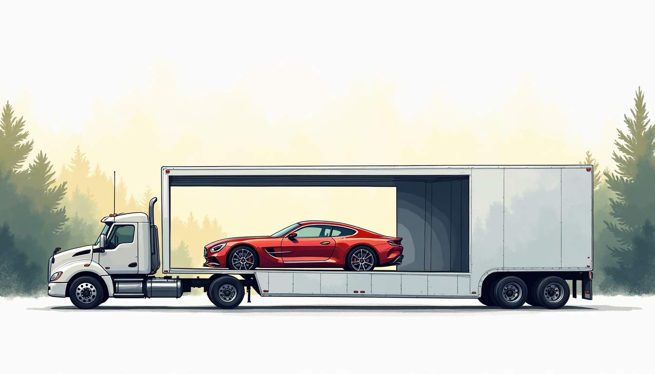 an elegant, premium enclosed car carrier transporting a luxury classic car, set against a scenic backdrop that highlights the sophistication and care involved in high-end vehicle transport, hand-drawn abstract illustration for a company blog, white background, professional, minimalist, clean lines, faded colors