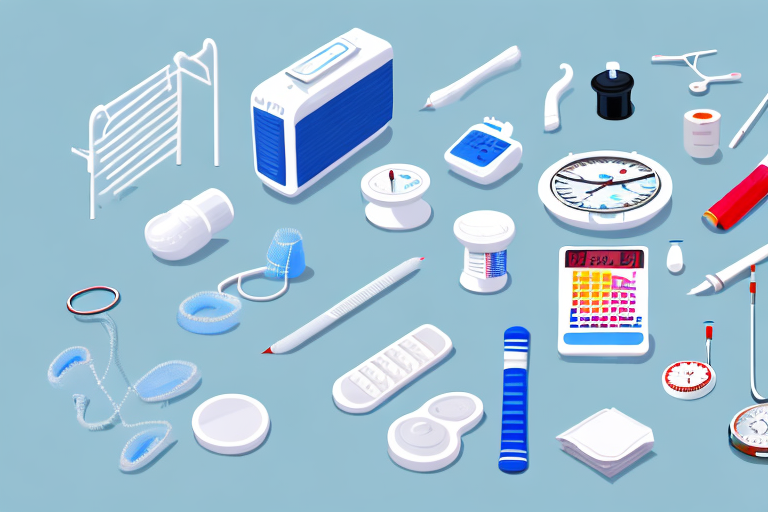 various home health supplies like a walking cane, wheelchair, hearing aids, pill organizers, and blood pressure monitor, placed in a cozy home setting, hand-drawn abstract illustration for a company blog, in style of corporate memphis, faded colors, white background, professional, minimalist, clean lines