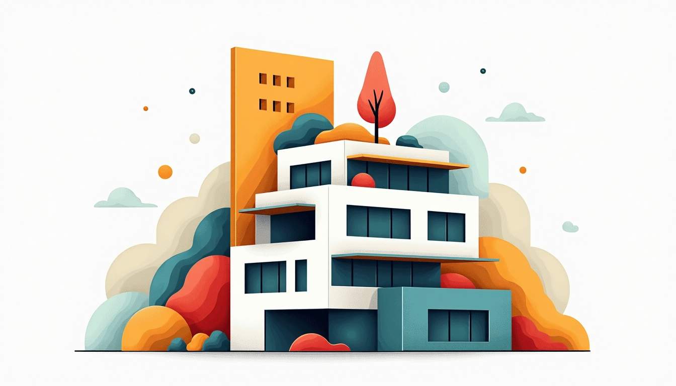 an abstract building that incorporates elements representing various brand identities, such as color schemes, textures, and shapes, seamlessly blending them into a cohesive architectural design, hand-drawn abstract illustration for a company blog, white background, professional, minimalist, clean lines, faded colors