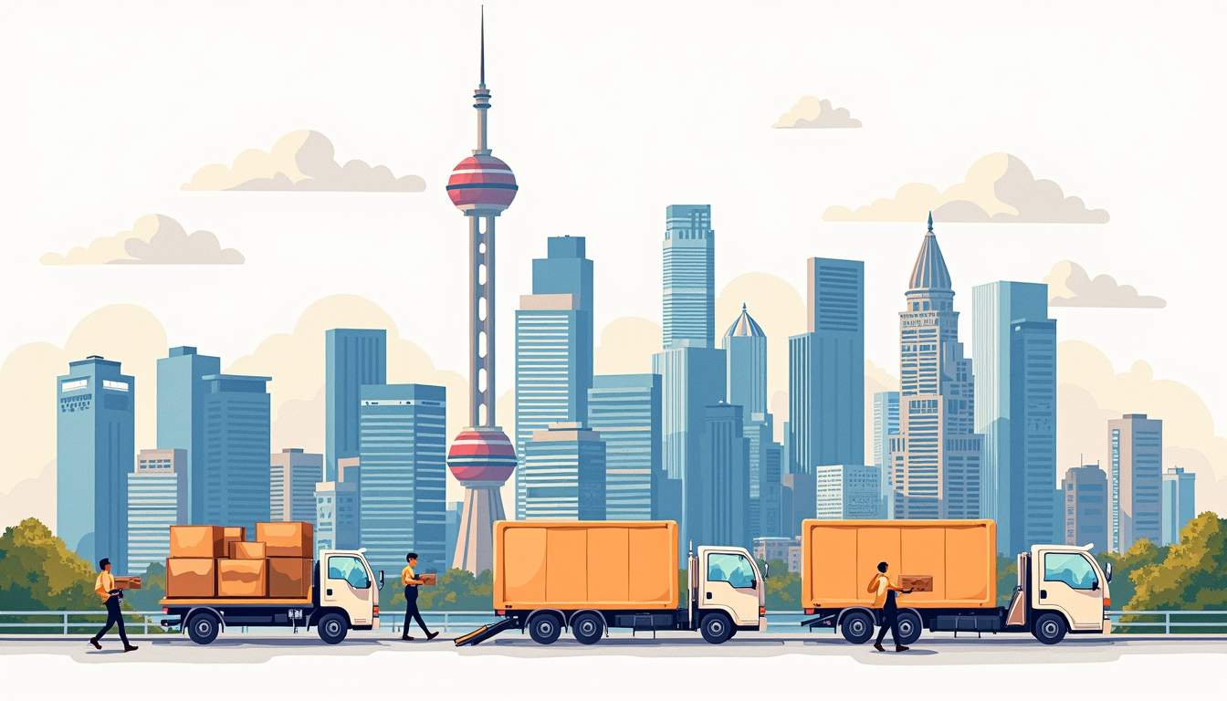 a bustling cityscape of Singapore featuring iconic landmarks, with moving boxes and furniture being transported by professional movers using trucks, showcasing a seamless and organized relocation process amidst the vibrant urban backdrop, hand-drawn abstract illustration for a company blog, white background, professional, minimalist, clean lines, faded colors