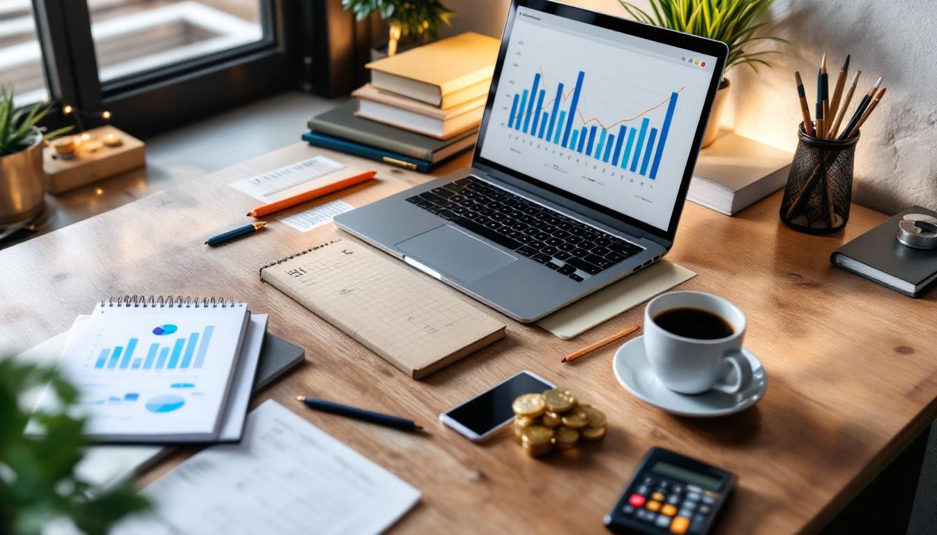 Arbeidsbord med PC som viser økonomiske grafer og nøkkeltall brukt i verdivurdering av virksomhet.