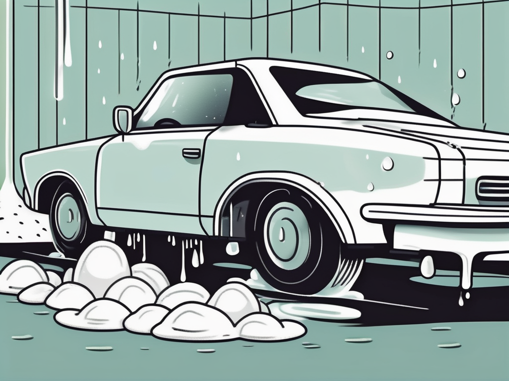 a car being washed with a soapy sponge and a bucket of water on one side, and the same car being waxed with a cloth and a tin of wax on the other side, hand-drawn abstract illustration for a company blog, white background, professional, minimalist, clean lines, faded colors