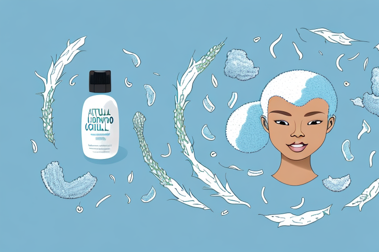 a healthy scalp surrounded by natural hair care products like aloe vera, coconut oil, and tea tree oil, with a soothing blue background, hand-drawn abstract illustration for a company blog, in style of corporate memphis, faded colors, white background, professional, minimalist, clean lines