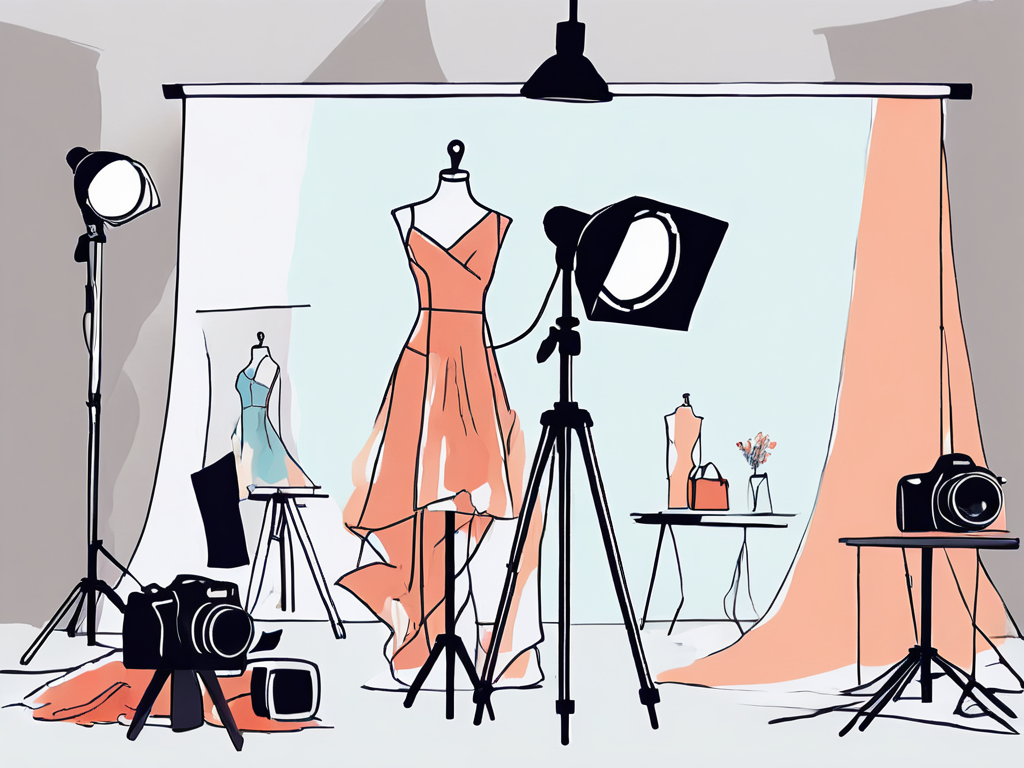 a camera on a tripod focused towards a designer dress on a mannequin, with studio lights and fashion accessories scattered around, hand-drawn abstract illustration for a company blog, white background, professional, minimalist, clean lines, faded colors
