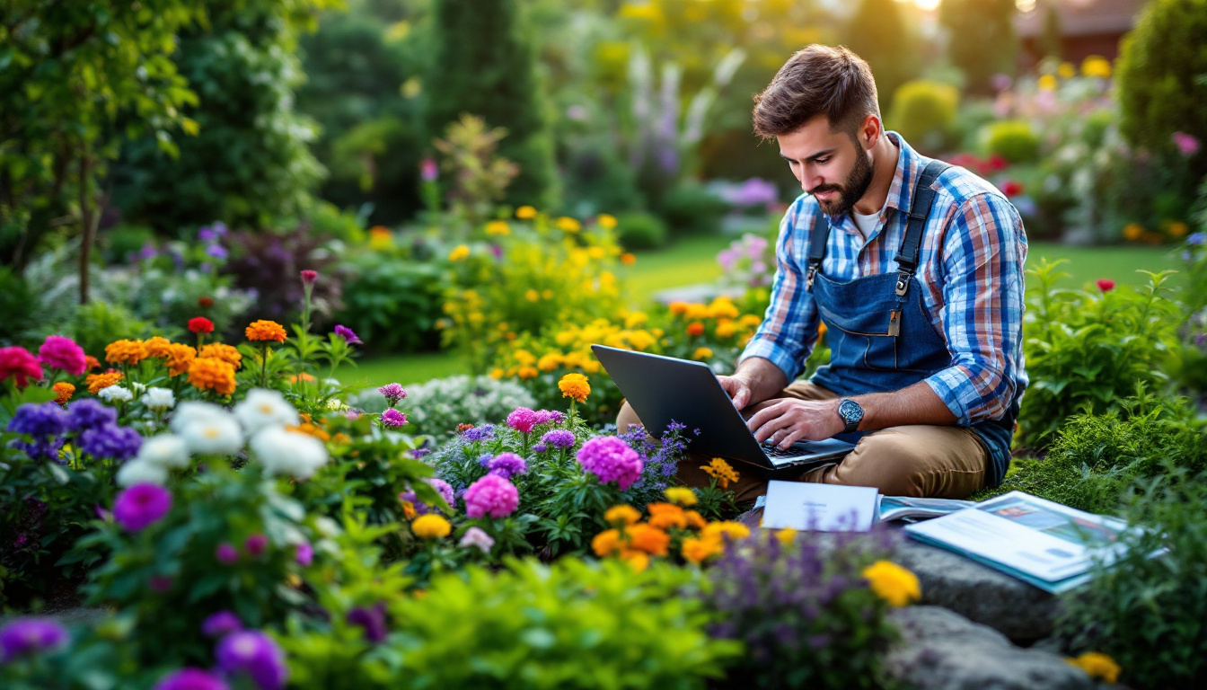 Man using computer in garden - Landscaping Business Tips 2024 by Solo AI Website Creator