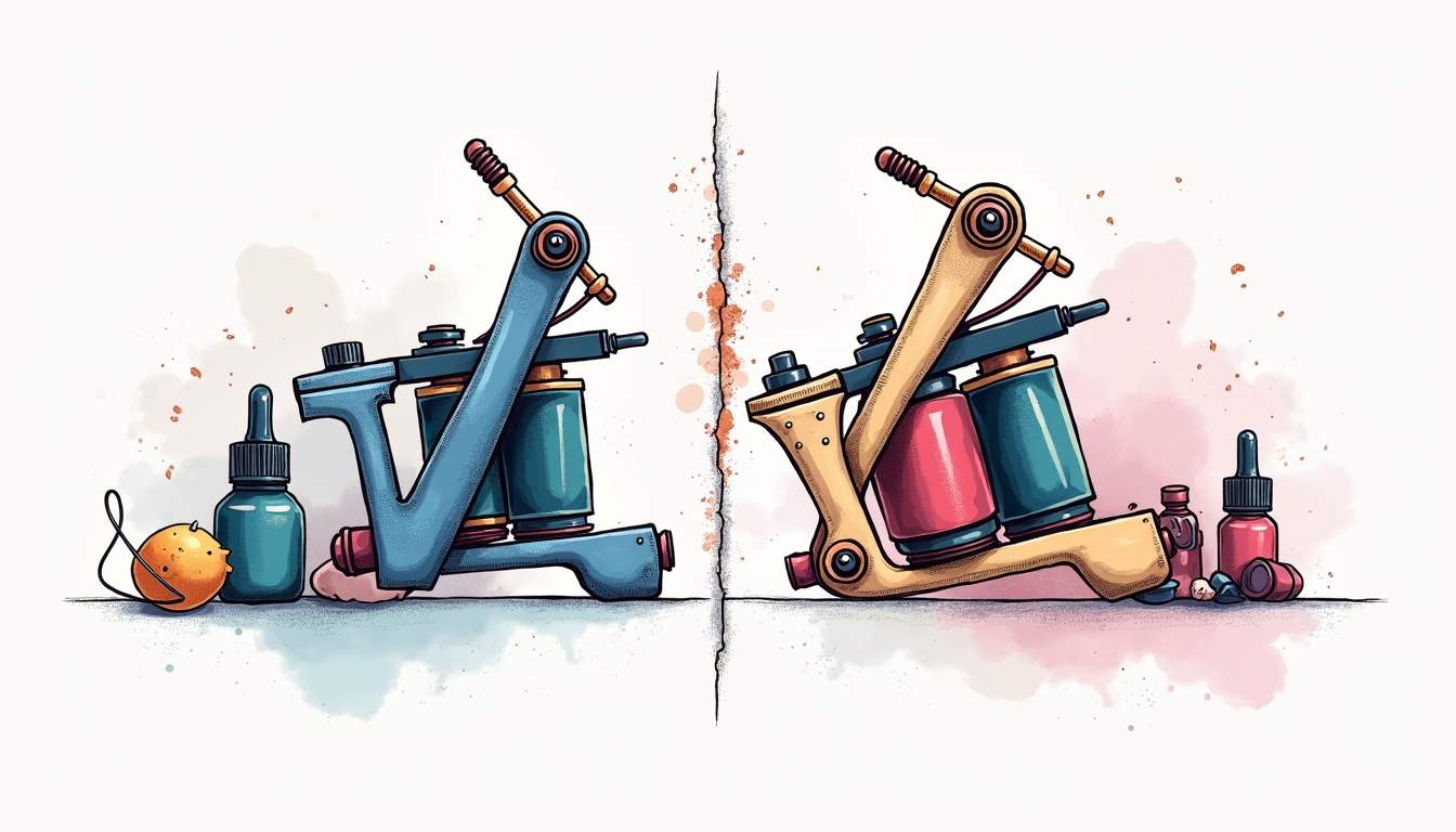 an artistic split-screen comparison showcasing a traditional tattoo machine on one side and a permanent makeup device on the other, surrounded by elements that represent their respective styles, such as ink bottles, pigments, and design motifs, hand-drawn abstract illustration for a company blog, white background, professional, minimalist, clean lines, faded colors
