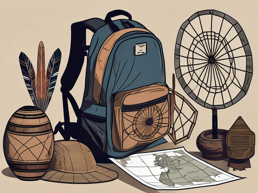 a backpack and a map on a rustic wooden table, surrounded by various cultural artifacts such as a Japanese fan, an African drum, a Native American dream catcher, and an Italian Venetian mask, hand-drawn abstract illustration for a company blog, white background, professional, minimalist, clean lines, faded colors