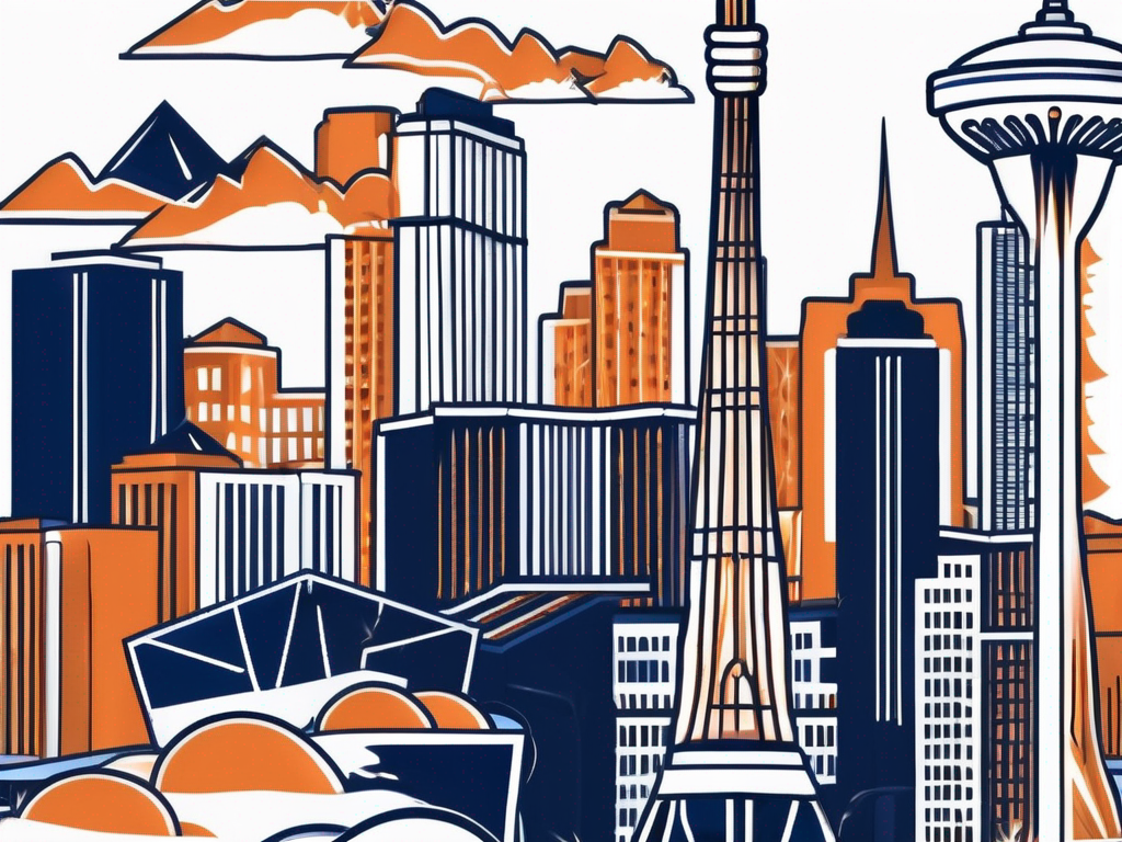 a pristine and shiny Las Vegas skyline, with a feather duster and a mop crossed over it, symbolizing the maid services, hand-drawn abstract illustration for a company blog, white background, professional, minimalist, clean lines, navy blue and burnt orange