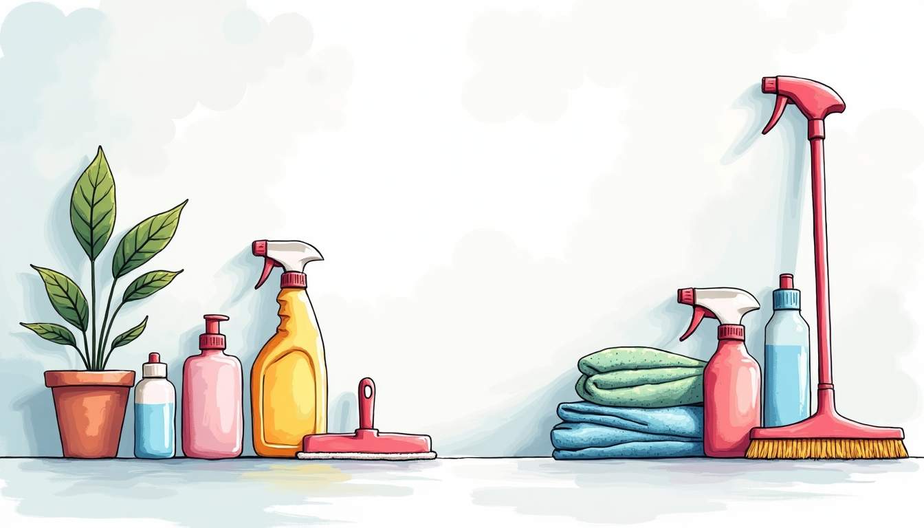 a sparkling clean room with various professional cleaning tools and supplies arranged neatly, showcasing a sense of order and freshness, hand-drawn abstract illustration for a company blog, white background, professional, minimalist, clean lines, faded colors