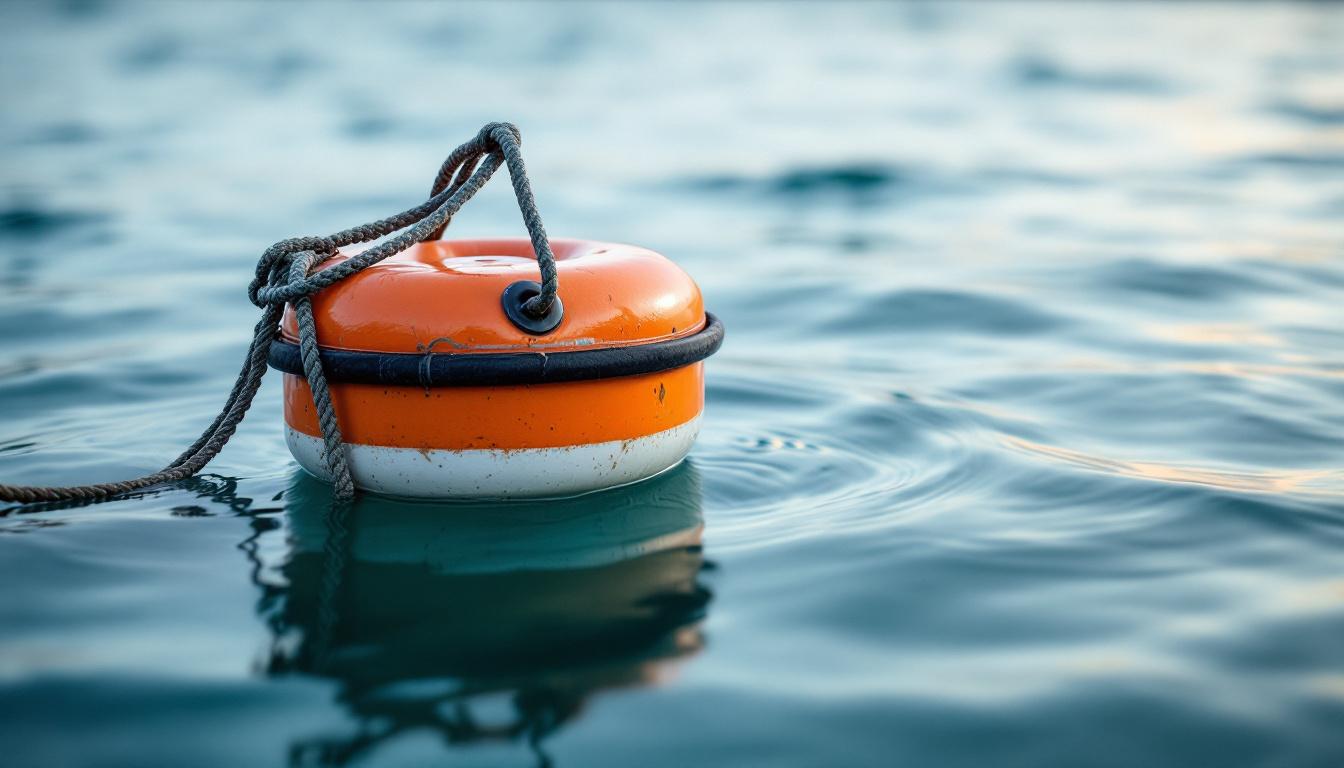 An orange mooring buoy floating on calm water, with attached ropes and hardware showing how the buoy supports a vessel’s mooring line.
