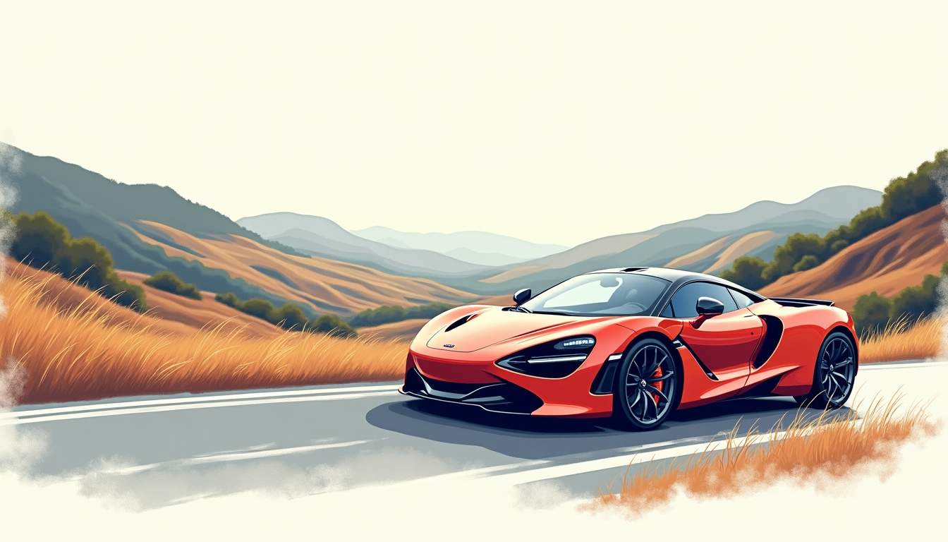 a sleek luxury sports car parked beside a scenic road, with picturesque landscapes and winding hills in the background, evoking a sense of adventure and freedom, hand-drawn abstract illustration for a company blog, white background, professional, minimalist, clean lines, faded colors