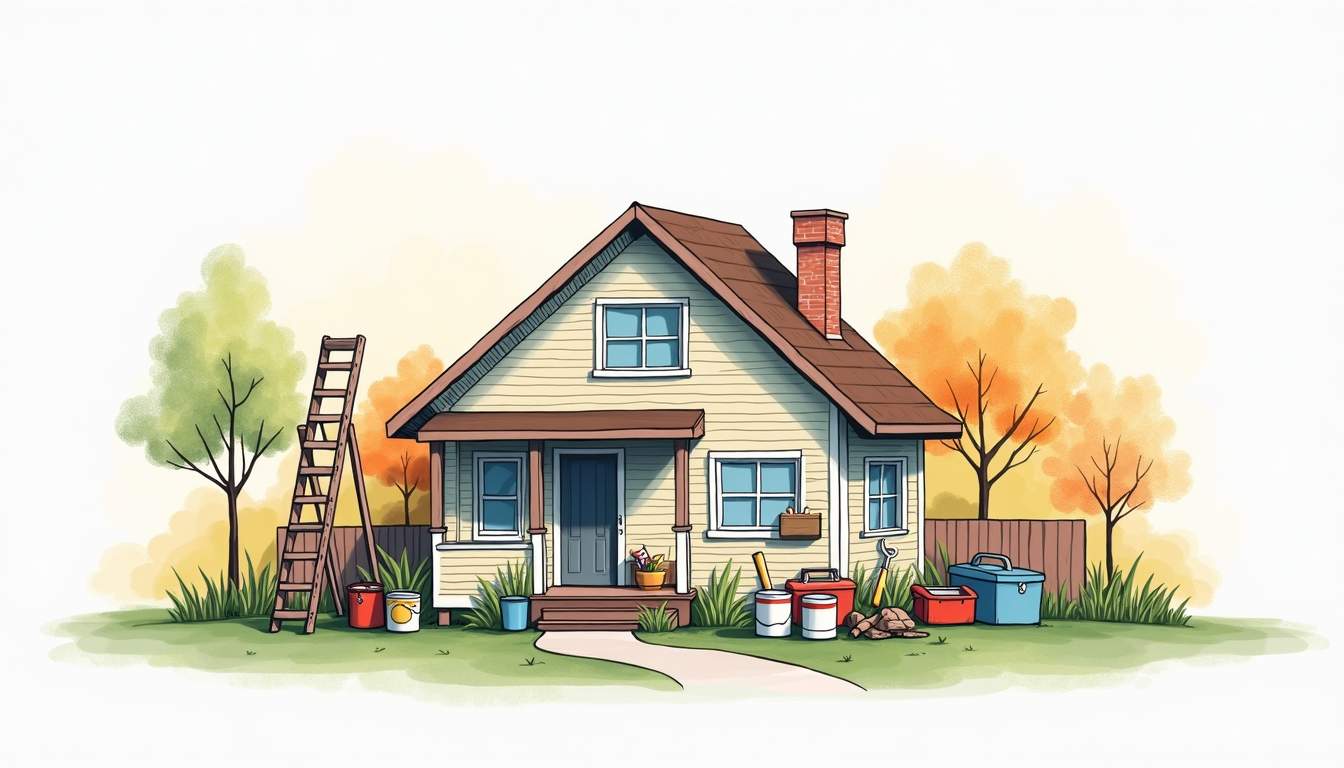 a cozy home surrounded by various tools and maintenance items, such as a ladder, paint cans, a garden hose, and a toolbox, all set against a backdrop of changing seasons to symbolize the importance of regular upkeep throughout the year, hand-drawn abstract illustration for a company blog, white background, professional, minimalist, clean lines, faded colors