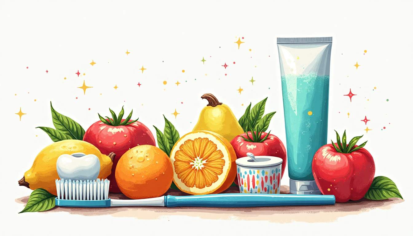 an inviting dental scene featuring a bright, sparkling toothbrush, a tube of toothpaste with a fresh minty flavor, a colorful dental floss container, and a variety of vibrant fruits and vegetables that promote oral health, all set against a clean, cheerful background that emphasizes the importance of teeth cleaning and prevention, hand-drawn abstract illustration for a company blog, white background, professional, minimalist, clean lines, faded colors