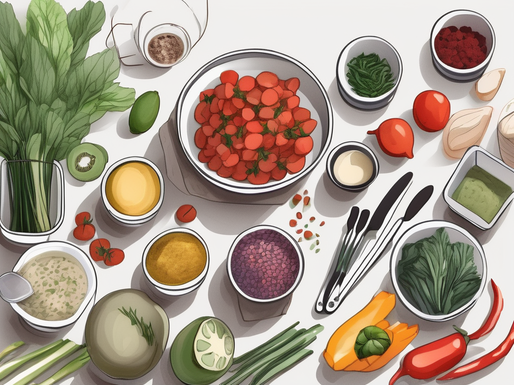 a well-organized kitchen counter with a variety of colorful, healthy ingredients portioned into individual containers, alongside cooking tools, with a calm and serene ambiance, hand-drawn abstract illustration for a company blog, white background, professional, minimalist, clean lines, faded colors