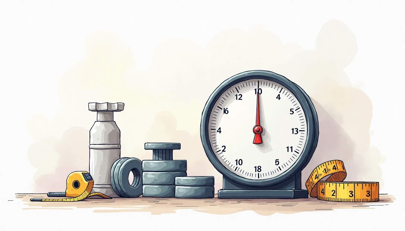 a weighing scale set against a backdrop of measurement tools like calibration weights, a measuring tape, and a ruler, all arranged to emphasize the theme of precision and accuracy in calibration, hand-drawn abstract illustration for a company blog, white background, professional, minimalist, clean lines, faded colors