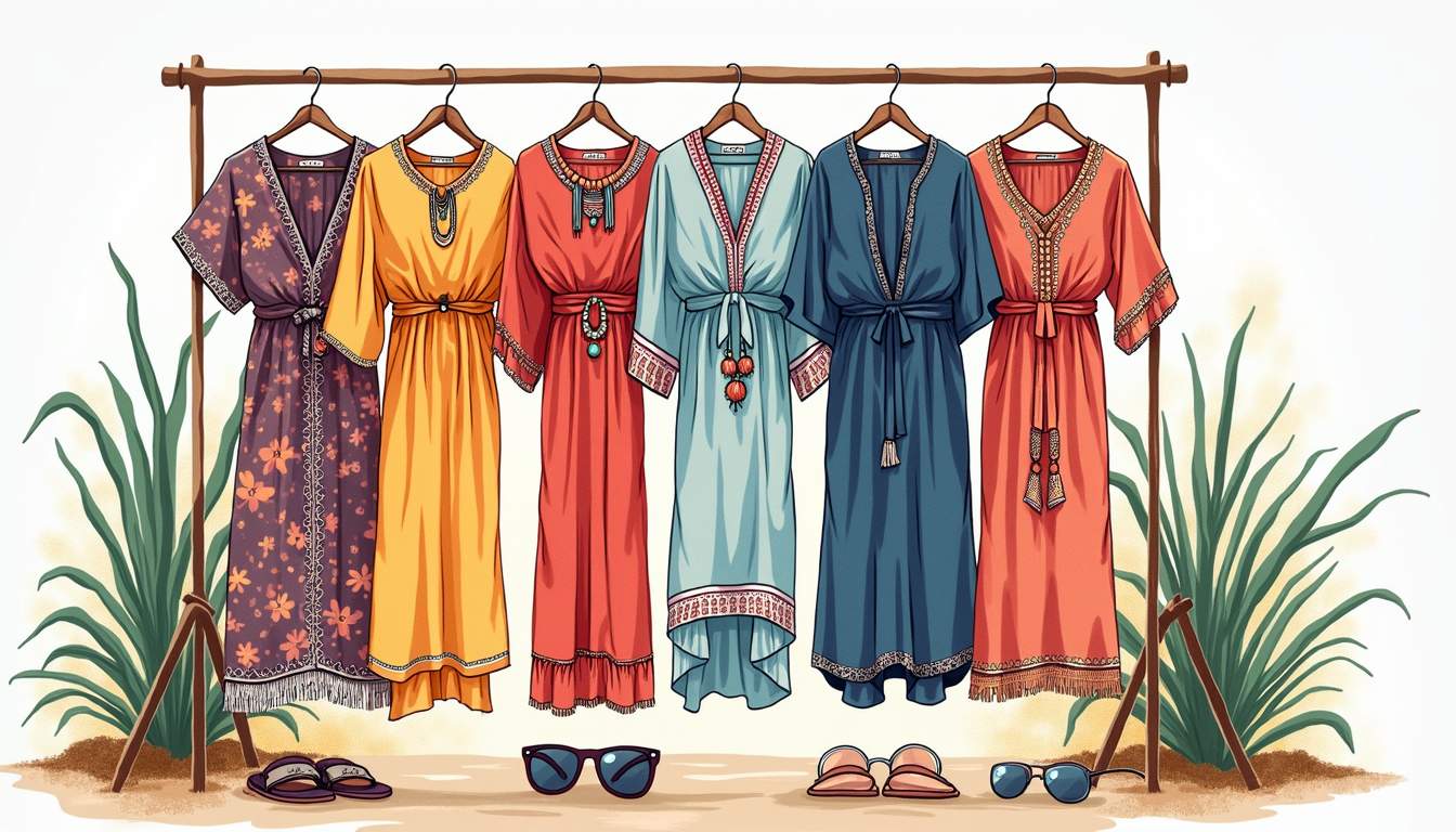 a vibrant array of kaftans in various styles, colors, and patterns displayed on hangers, surrounded by accessories like sandals, sunglasses, and jewelry, set against a soft, inviting background that suggests different occasions such as a beach, garden party, and casual outing, hand-drawn abstract illustration for a company blog, white background, professional, minimalist, clean lines, faded colors