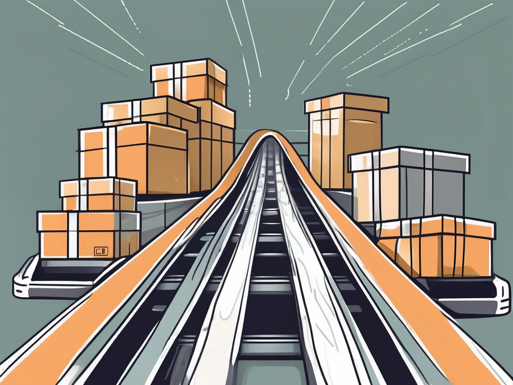various e-commerce packages moving along a conveyor belt, representing different product fulfillment strategies, with a selection or decision point symbolized by a crossroad, hand-drawn abstract illustration for a company blog, white background, professional, minimalist, clean lines, faded colors