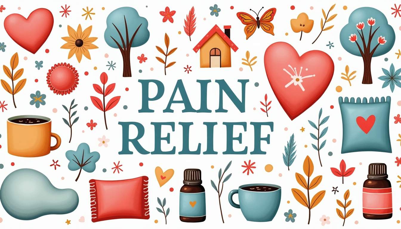 a diverse array of pain relief tools and remedies, such as heating pads, essential oils, herbal remedies, and ice packs, arranged harmoniously alongside family-oriented symbols like a cozy home, a tree representing growth and support, and playful elements that evoke a sense of comfort and care for all ages, hand-drawn abstract illustration for a company blog, white background, professional, minimalist, clean lines, faded colors