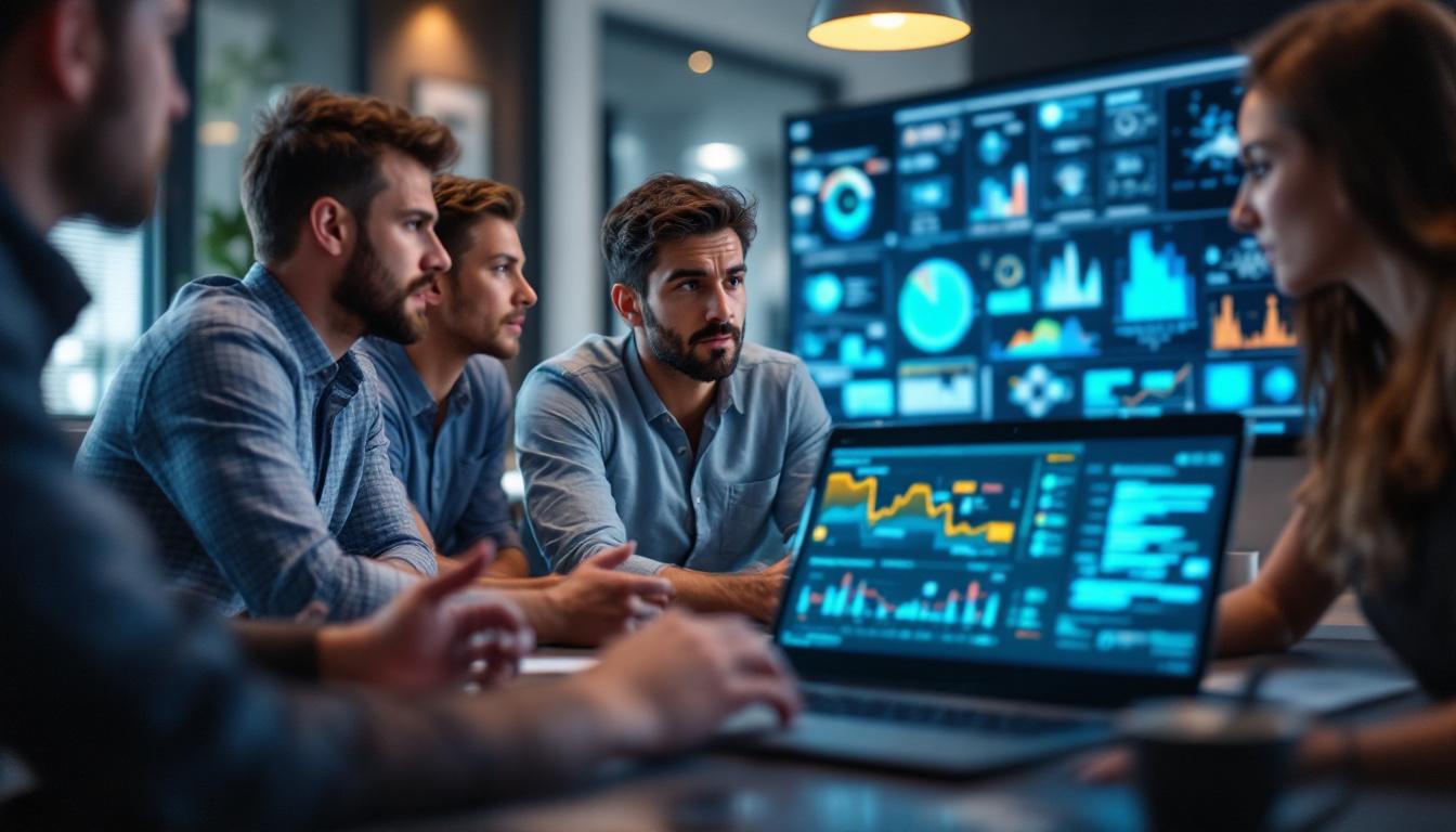 Markedsføringsteam som diskuterer utfordringer med KI foran skjermer fulle av analyser, grafer og datadashboards.