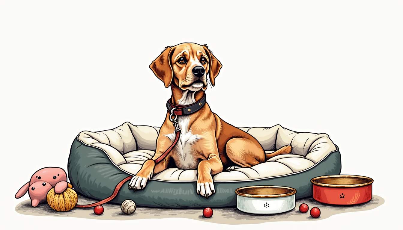 a stylish dog wearing a chic collar and leash, surrounded by an array of luxurious dog accessories like a plush bed, designer bowls, and fashionable toys, all set against a modern, upscale home interior, hand-drawn abstract illustration for a company blog, white background, professional, minimalist, clean lines, faded colors