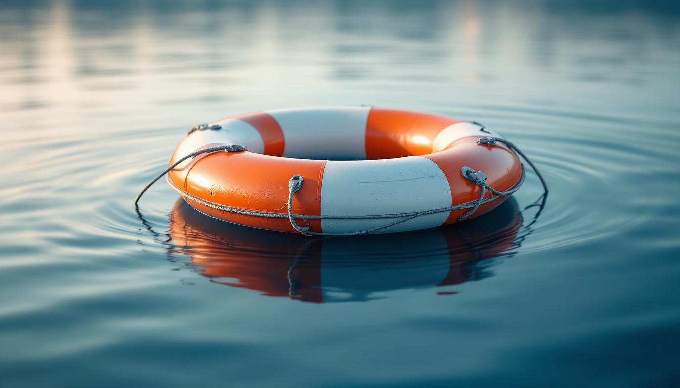 A bright orange and white life buoy floating on calm blue water, creating gentle ripples around it.