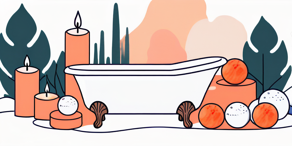 graphic showing a bathtub, candles, and several bath bombs