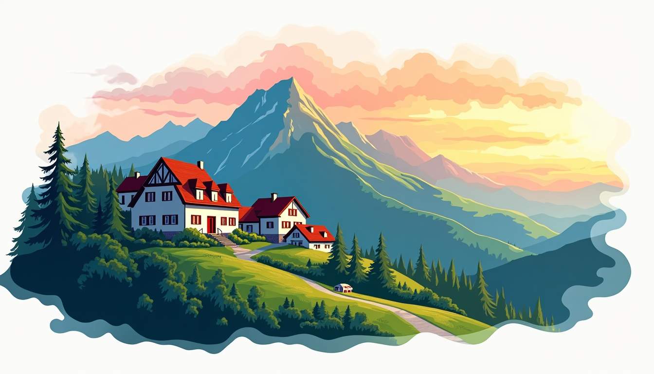 a stunning mountain landscape featuring a variety of unique hotel architectures nestled among lush greenery, with misty hills in the background and a vibrant sunset sky to evoke a serene retreat atmosphere, hand-drawn abstract illustration for a company blog, white background, professional, minimalist, clean lines, faded colors