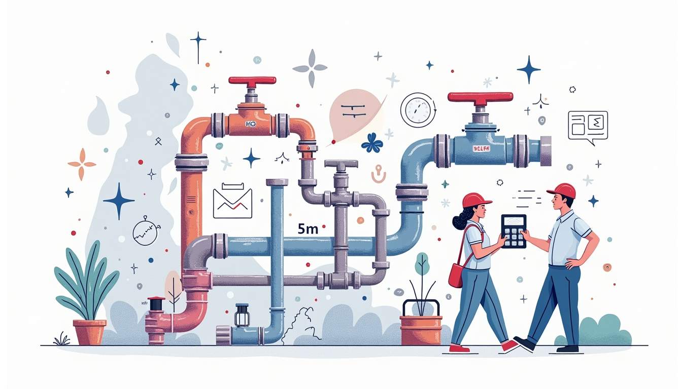 a detailed breakdown of plumbing service costs in Singapore, featuring visual elements like pipes, tools, a calculator, and a map of Singapore, all arranged in a way that highlights the various factors influencing pricing, hand-drawn abstract illustration for a company blog, white background, professional, minimalist, clean lines, faded colors