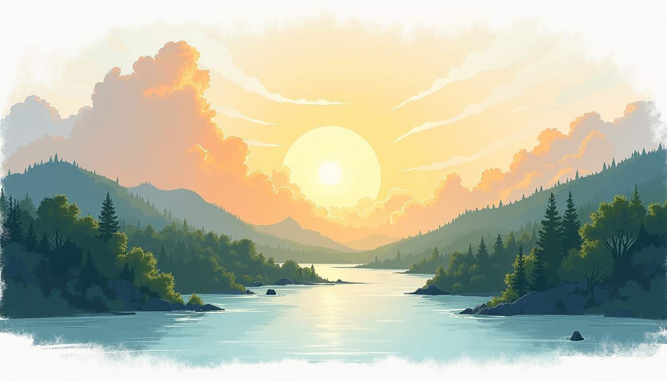 a serene landscape featuring a radiant sunrise breaking through soft clouds, symbolizing hope and warmth, with gentle rays of light illuminating a tranquil river that flows through lush greenery, representing the themes of God's love and mercy, hand-drawn abstract illustration for a company blog, white background, professional, minimalist, clean lines, faded colors