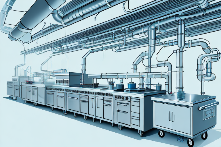 a commercial kitchen with a visible grease interceptor system, highlighting the pipeline where waste water is filtered, without any human elements involved, hand-drawn abstract illustration for a company blog, in style of corporate memphis, faded colors, white background, professional, minimalist, clean lines