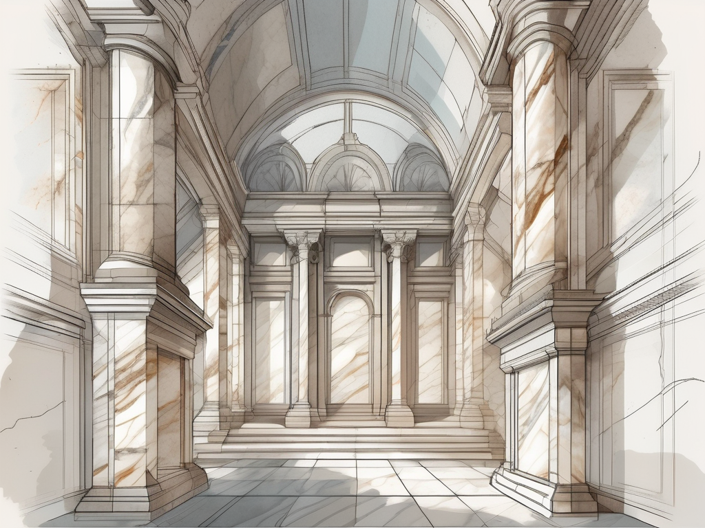 a variety of finely detailed, high-quality stones, such as marble, granite, and limestone, placed in an architecturally significant setting like a heritage building under restoration, hand-drawn abstract illustration for a company blog, white background, professional, minimalist, clean lines, faded colors