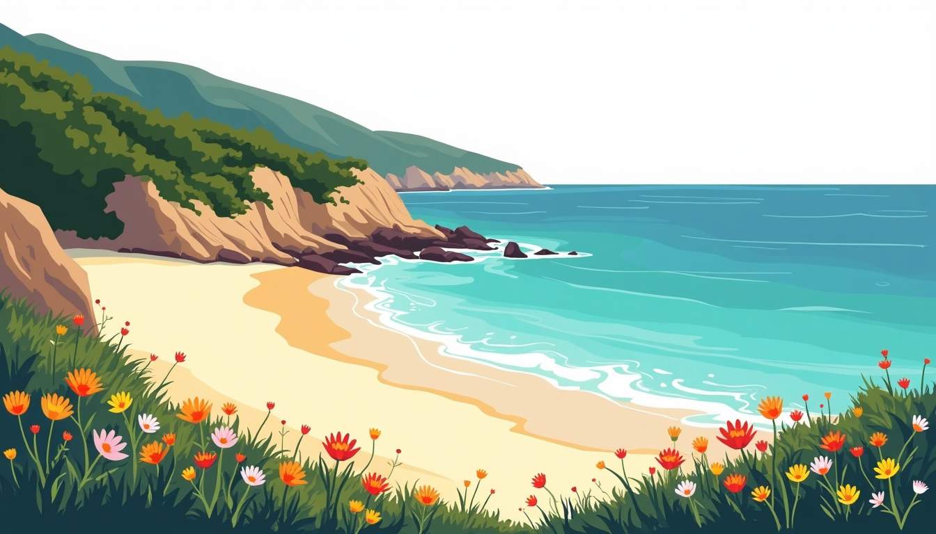 a serene, secluded beach on the Cote d'Azur, featuring crystal-clear turquoise waters lapping against soft golden sands, surrounded by lush greenery and rocky cliffs, with a hint of vibrant wildflowers in the foreground to evoke a sense of untouched paradise, hand-drawn abstract illustration for a company blog, white background, professional, minimalist, clean lines, faded colors