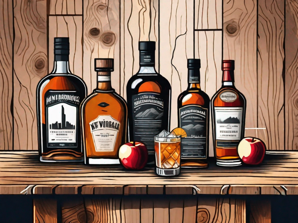 a rustic wooden table adorned with various types of bourbon bottles, a cocktail glass, a whiskey barrel, and a backdrop featuring iconic New York State elements like the Niagara Falls, apple orchards, and the Adirondack mountains, hand-drawn abstract illustration for a company blog, white background, professional, minimalist, clean lines, faded colors