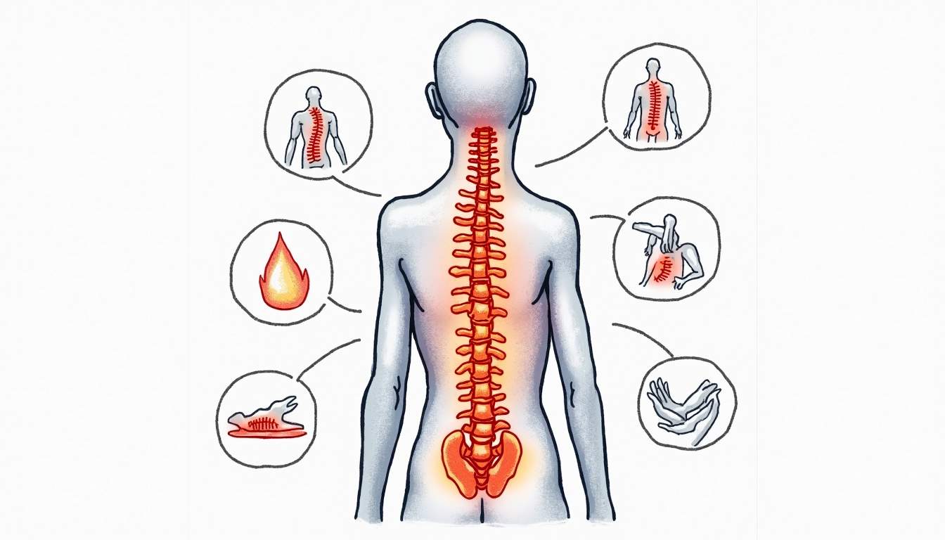 Draw an illustration of a human spine with highlighted areas indicating pain, surrounded by various symbols representing effective treatment methods such as stretching, heat therapy, and chiropractic care, hand-drawn abstract illustration for a company blog, white background, professional, minimalist, clean lines, faded colors