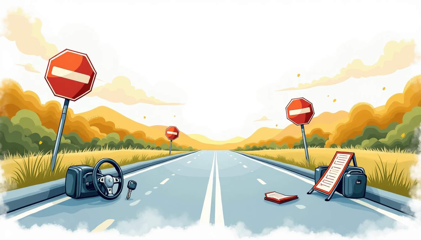 an open road with various driving lesson essentials scattered along the sides, such as a steering wheel, traffic signs, a checklist, and a car key, all set against a vibrant landscape that conveys a sense of adventure and learning, hand-drawn abstract illustration for a company blog, white background, professional, minimalist, clean lines, faded colors