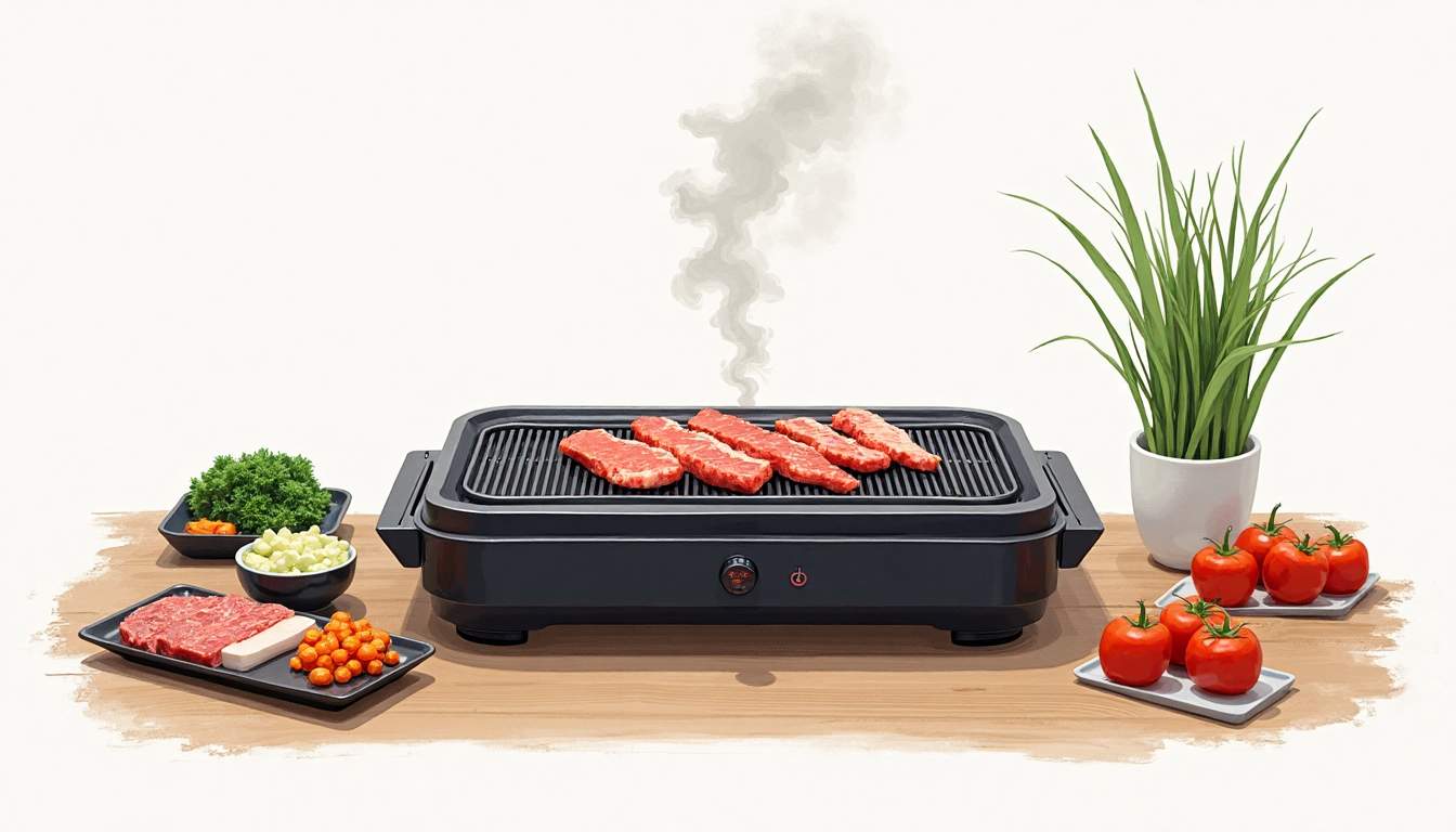 a sleek, modern smokeless Yakiniku grill in a cozy kitchen setting, showcasing various fresh ingredients like marinated meats and colorful vegetables arranged around it, with gentle smoke wafting upwards to emphasize the smokeless feature, hand-drawn abstract illustration for a company blog, white background, professional, minimalist, clean lines, faded colors