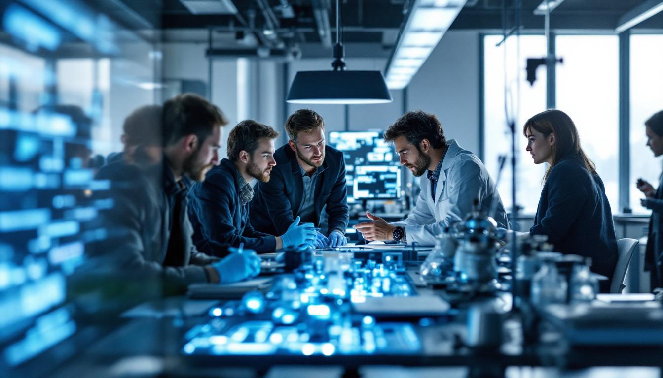 Forskere samlet rundt et laboratoriumsbord mens de bruker avanserte KI-verktøy for å analysere data og drive norsk forskning framover.