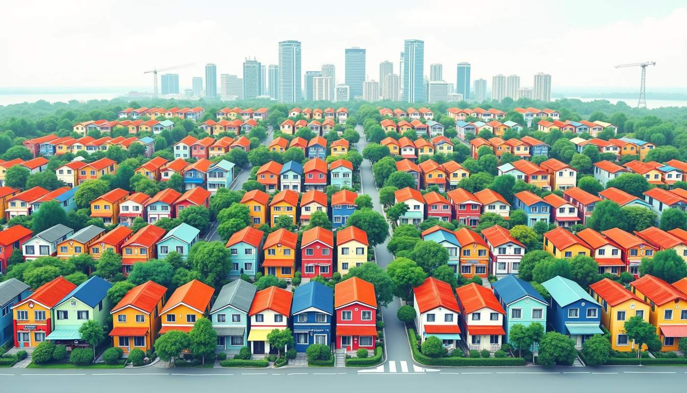 an aerial view of a vibrant Singaporean neighborhood showcasing a mix of HDB flats, condominiums, and landed properties, each with freshly painted exteriors in a variety of colors, surrounded by lush greenery and cityscape elements, hand-drawn abstract illustration for a company blog, white background, professional, minimalist, clean lines, faded colors
