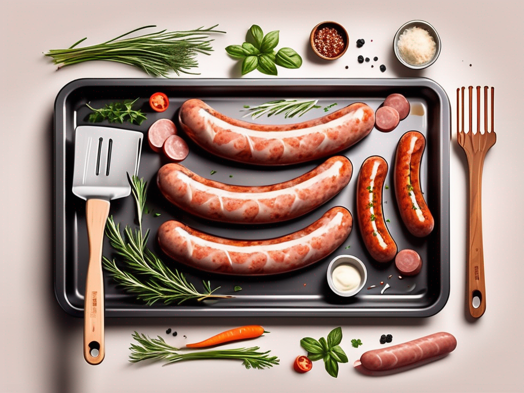 freshly baked sausage links on a baking tray, surrounded by baking utensils and ingredients like raw sausages, herbs, and a brush with glaze, all set in a warm, morning kitchen setting, hand-drawn abstract illustration for a company blog, white background, professional, minimalist, clean lines, faded colors