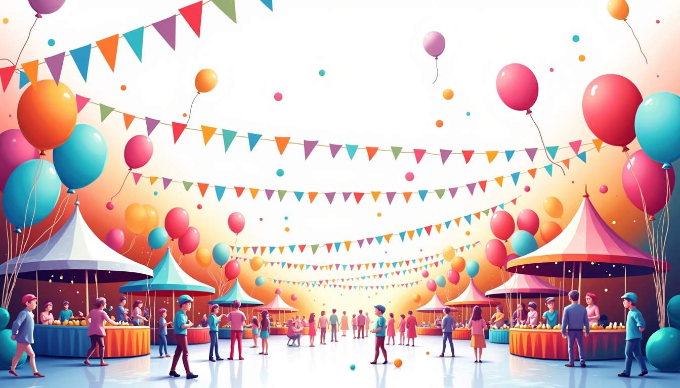 an imaginative, vibrant event scene featuring colorful balloons, festive decorations, and a variety of fun activities like games and food stalls, all set against a backdrop that suggests a sense of celebration and community, hand-drawn abstract illustration for a company blog, white background, professional, minimalist, clean lines, faded colors