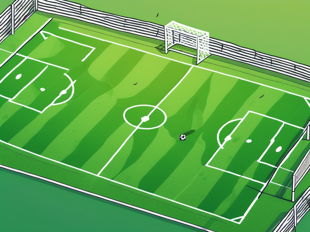 a vibrant soccer field from a bird's eye view, showing a football mid-air and two goalposts, with a subtle hint of a digital screen showcasing scores in the background, hand-drawn abstract illustration for a company blog, white background, professional, minimalist, clean lines, faded colors