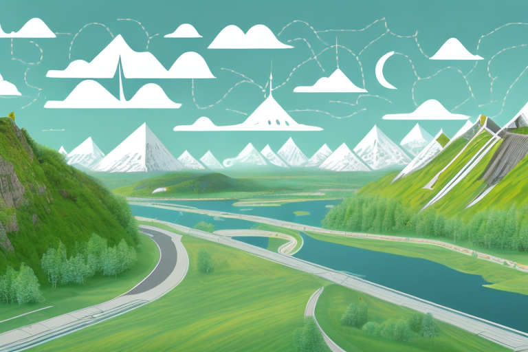 a scenic Danish landscape with various bicycle trails winding through it, including landmarks like coastal paths, forests, and rolling hills, hand-drawn abstract illustration for a company blog, in style of corporate memphis, faded colors, white background, professional, minimalist, clean lines