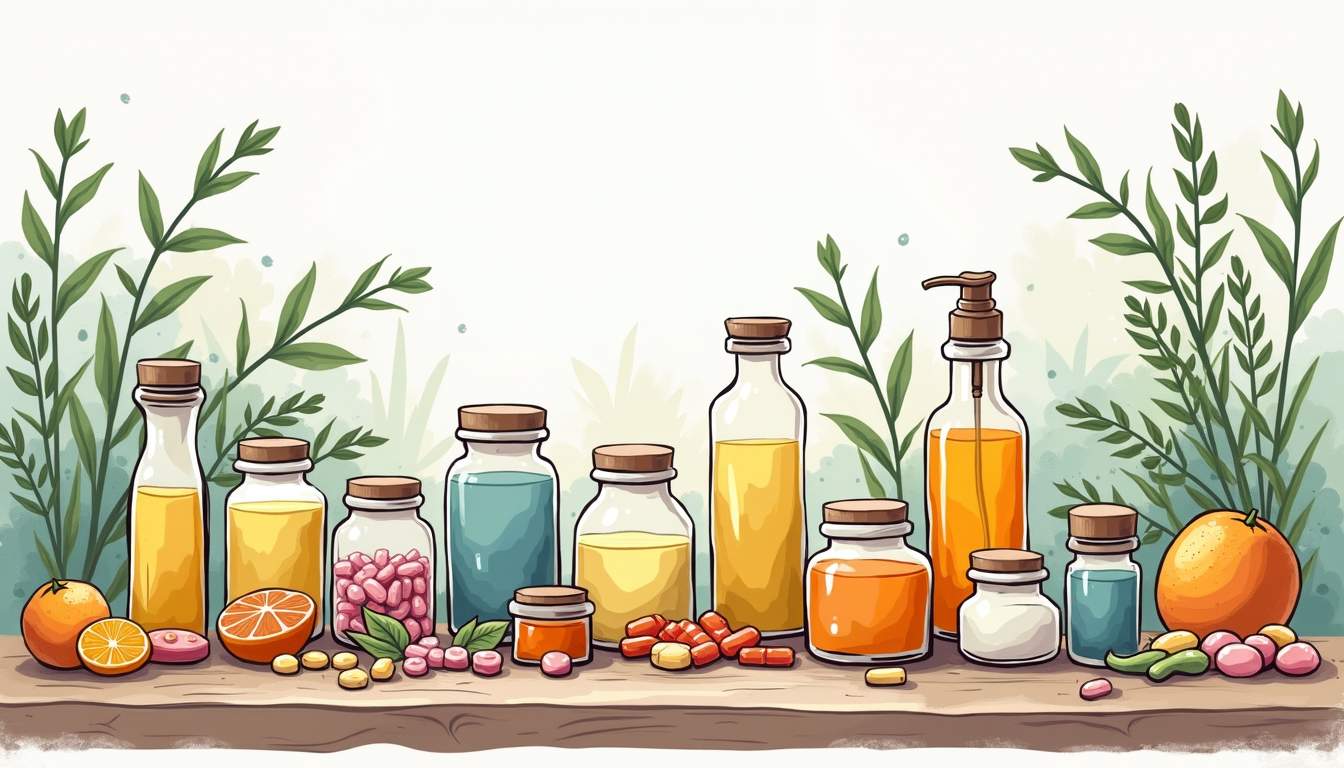 an assortment of colorful pill bottles, herbal supplements, and natural remedies arranged artfully on a wooden table, surrounded by fresh herbs and a calming, serene background that evokes a sense of wellness and tranquility, hand-drawn abstract illustration for a company blog, white background, professional, minimalist, clean lines, faded colors