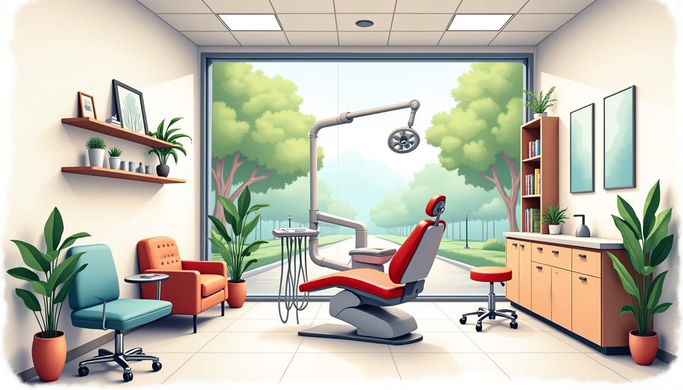 an inviting dental clinic interior featuring comfortable seating, soothing colors, and dental tools arranged neatly, with a large window showing a peaceful view of a tree-lined street outside, hand-drawn abstract illustration for a company blog, white background, professional, minimalist, clean lines, faded colors
