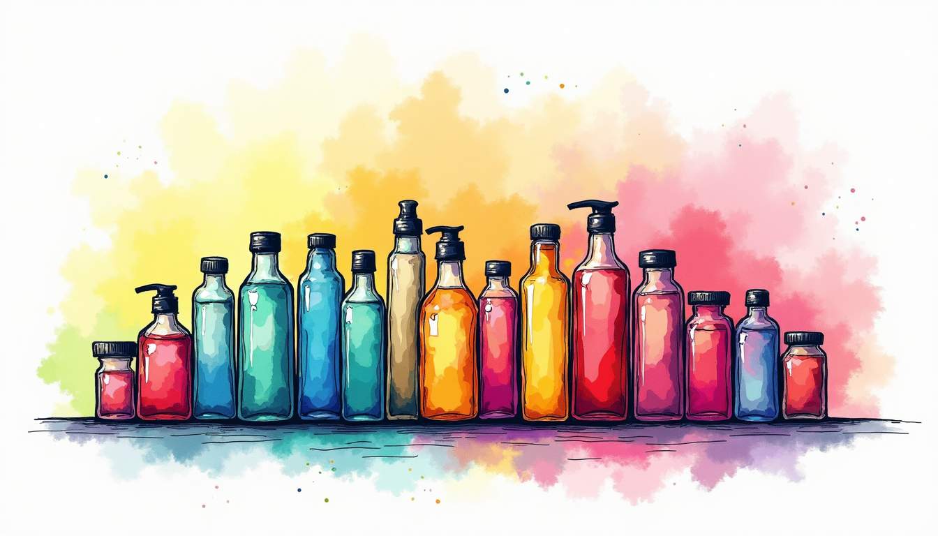 a vibrant array of product packaging featuring various colorful labels, arranged artistically to showcase the impact of color on product presentation, with a dynamic background that emphasizes creativity and visual appeal, hand-drawn abstract illustration for a company blog, white background, professional, minimalist, clean lines, faded colors