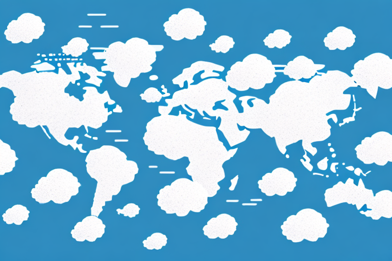 a cloud linked to various digital devices like a laptop, smartphone, and tablet, all scattered on a global map to signify remote work, hand-drawn abstract illustration for a company blog, in style of corporate memphis, faded colors, white background, professional, minimalist, clean lines